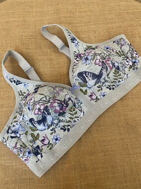 Cacique Unlined Full Coverage Wireless Bra Heathered Gray Floral Butterflies 44D
